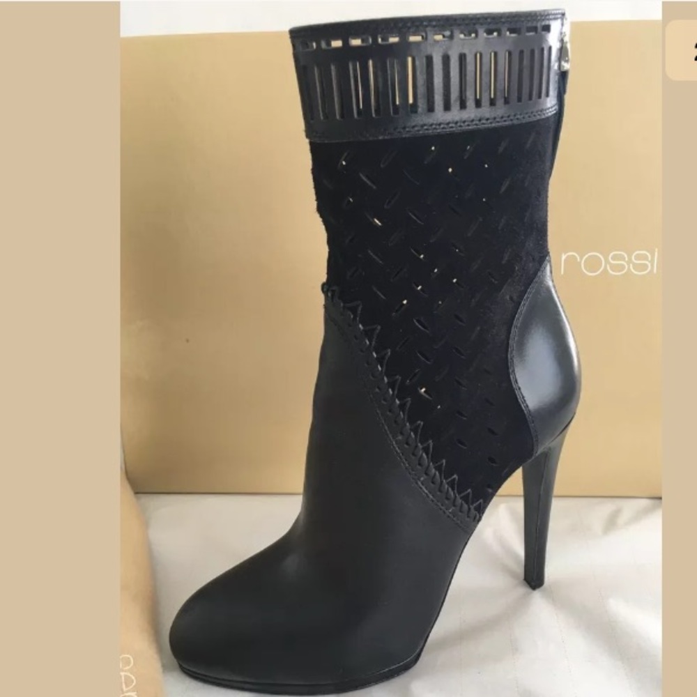 Sergio Rossi Leather/Sued Black Ankle Booties Sz 7 - Picture 2 of 10